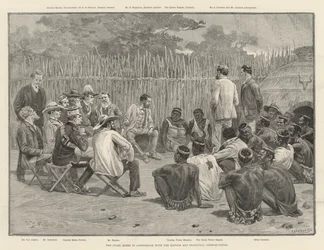 Die Swazi-Königin in einer Konferenz mit den britischen und Transvaal-Kommissaren